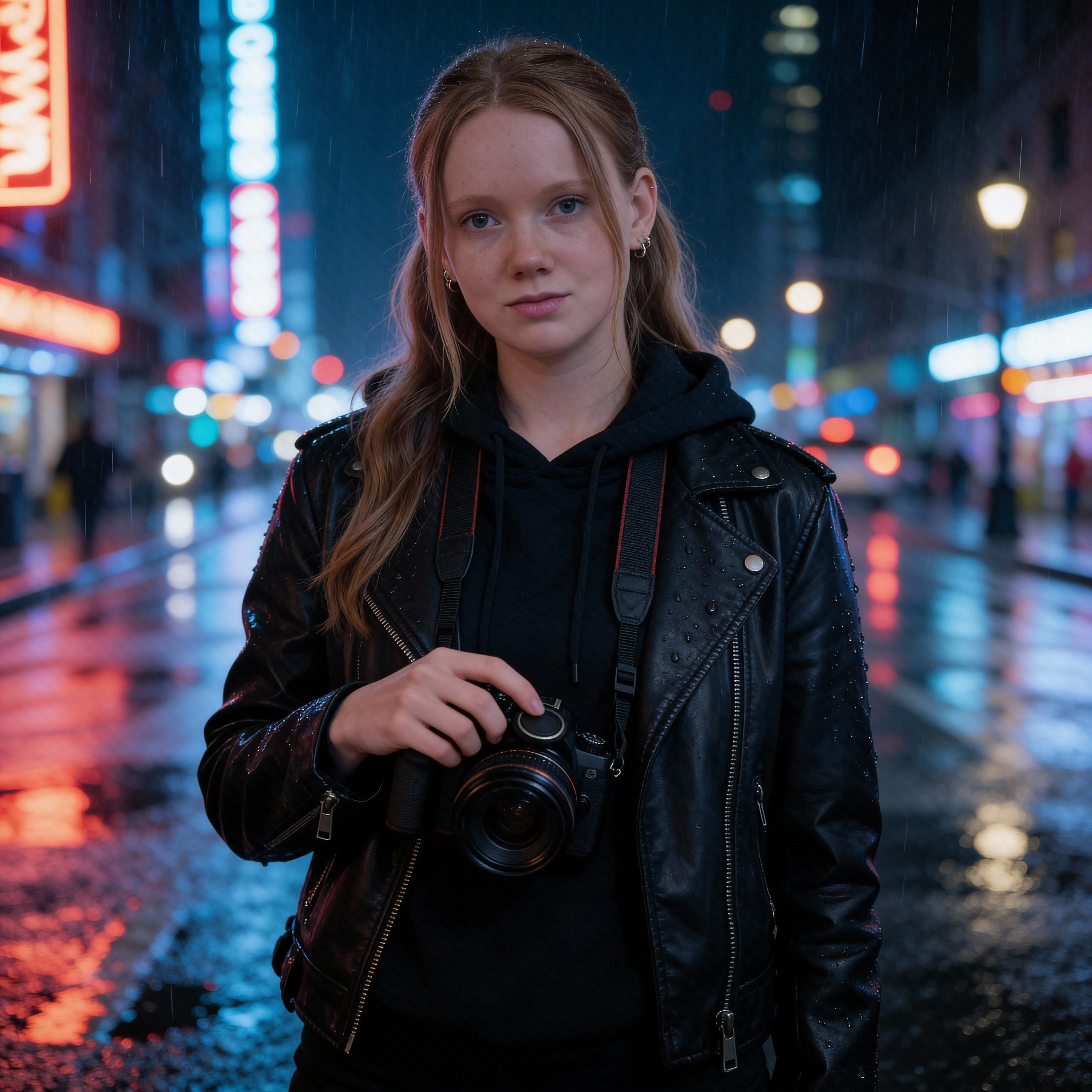Talent mit Kamera in einer nächtlichen Filmkulisse