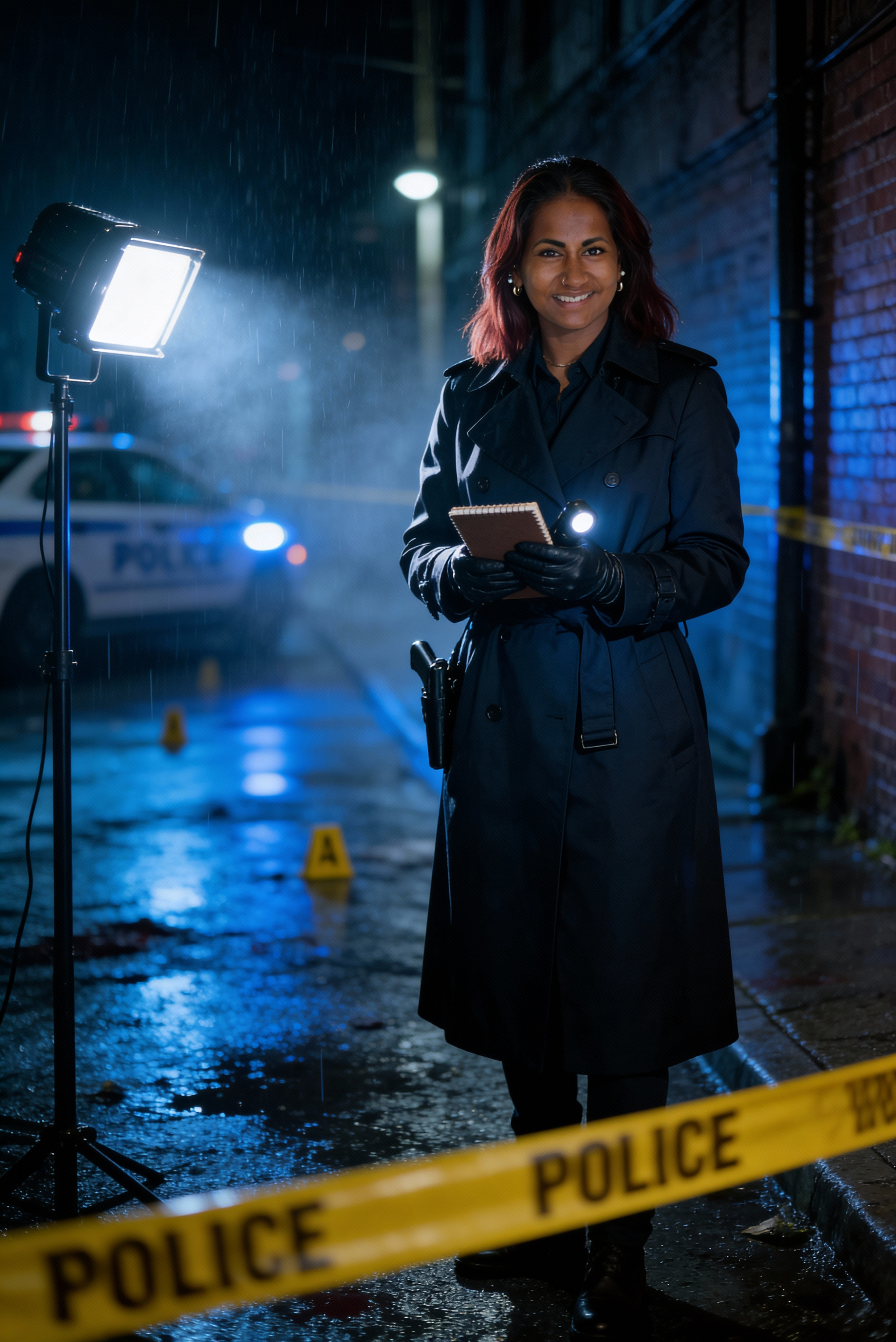 Darstellerin an einem Filmset bei Nacht